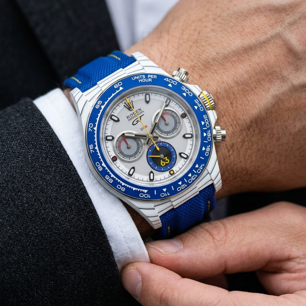 White forged-carbon chronograph with a blue bezel and a yellow 63 counter on the wrist as a shirt cuff is fastened