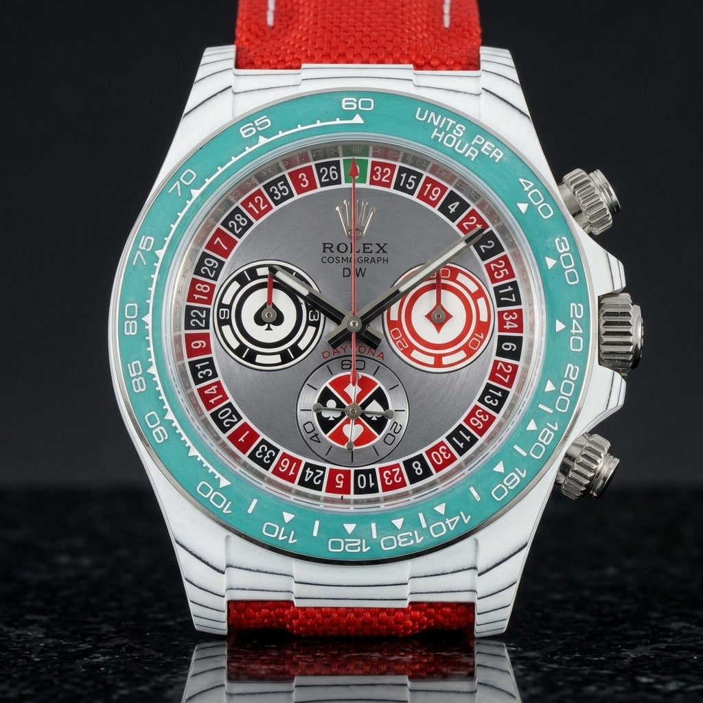 White carbon chronograph with a roulette-wheel dial and a teal bezel, upright on polished black granite