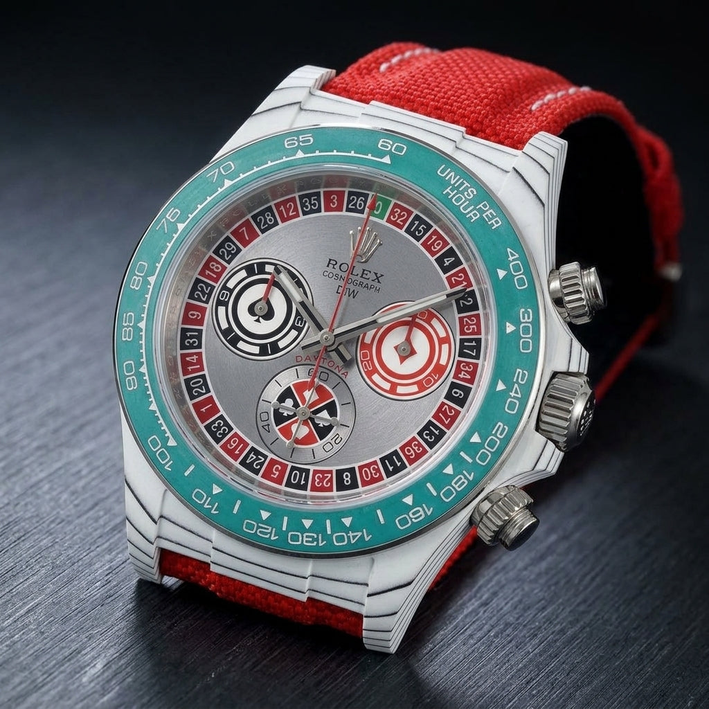 White carbon chronograph at a three-quarter angle on dark slate, the teal bezel beside the fluted steel crown and pushers