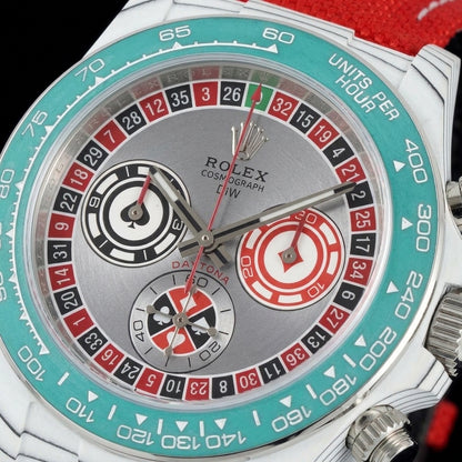 Macro of the roulette-wheel dial with its red, black and green pockets and three casino-chip counters inside the teal bezel