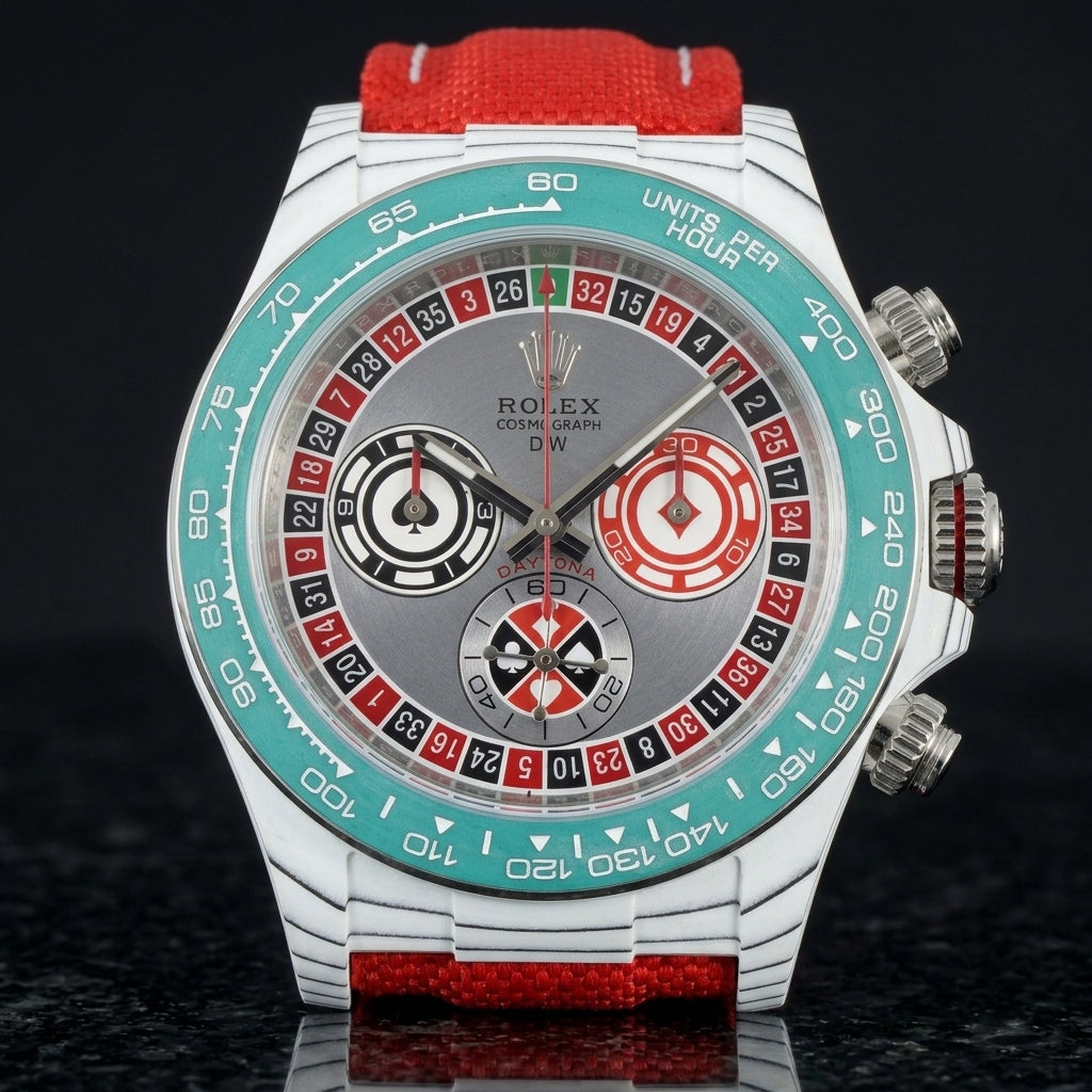 White carbon chronograph with a roulette-wheel dial on its red canvas strap, worn on the wrist below a dark suit cuff