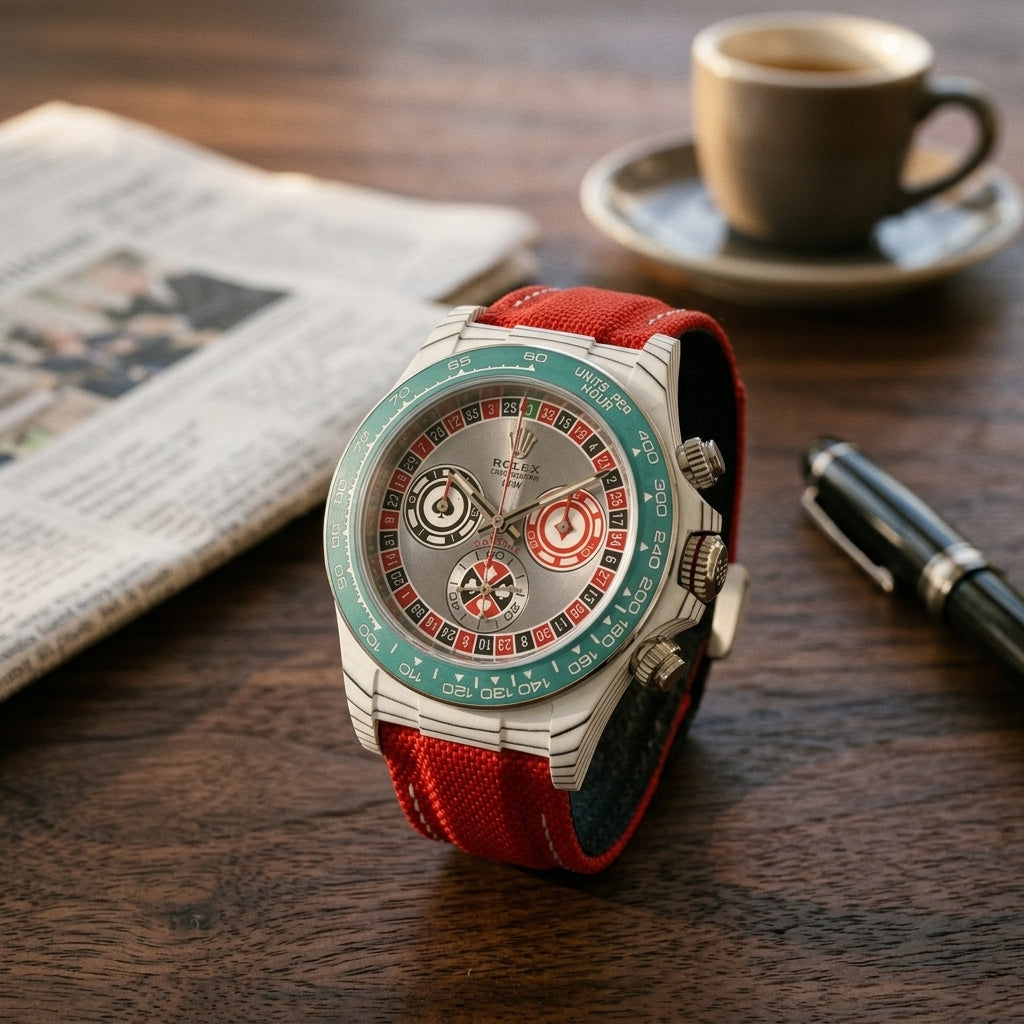 White carbon chronograph with a roulette-wheel dial and a teal bezel on a dark walnut desk beside a fountain pen