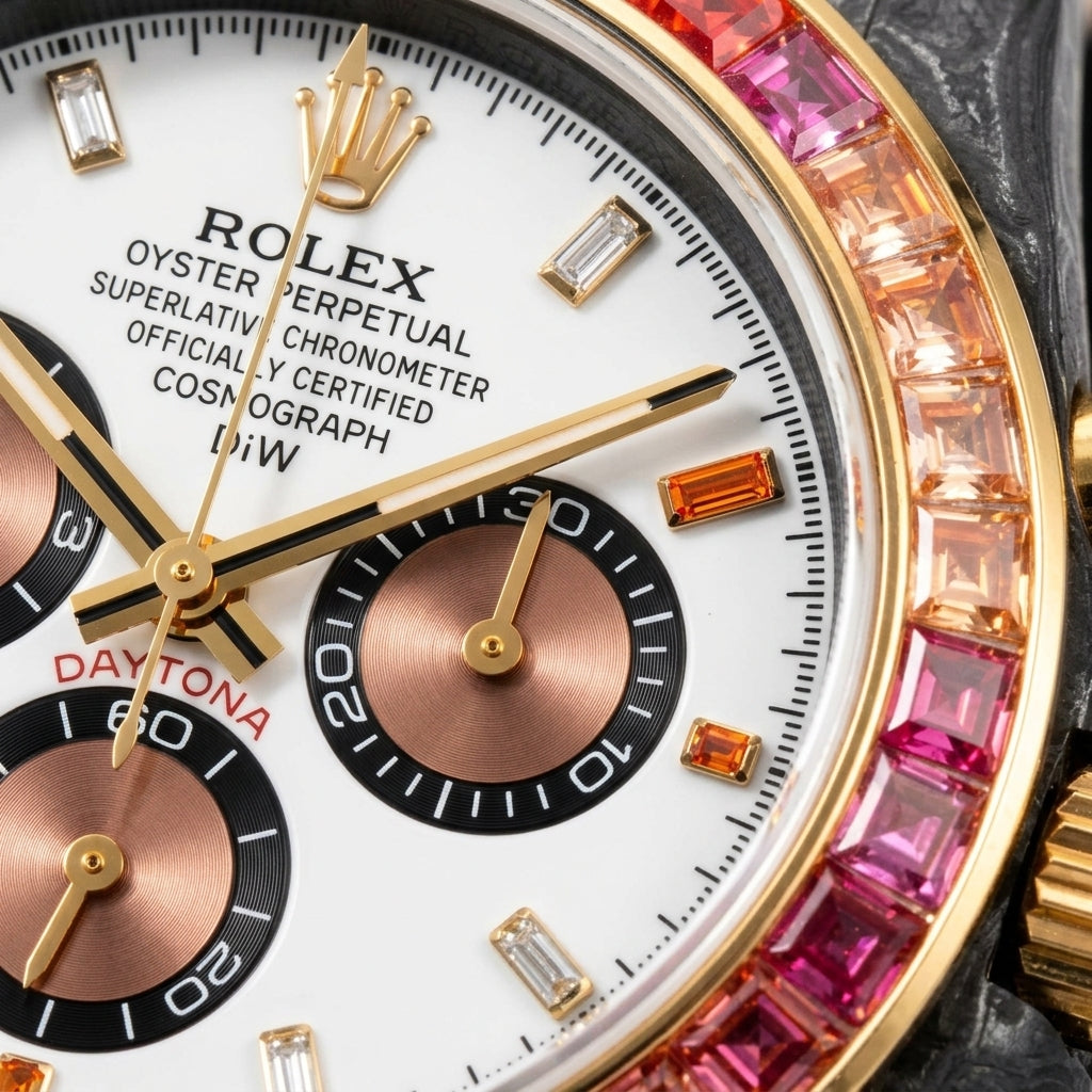 Macro of the white dial, copper counters and graduated stone bezel
