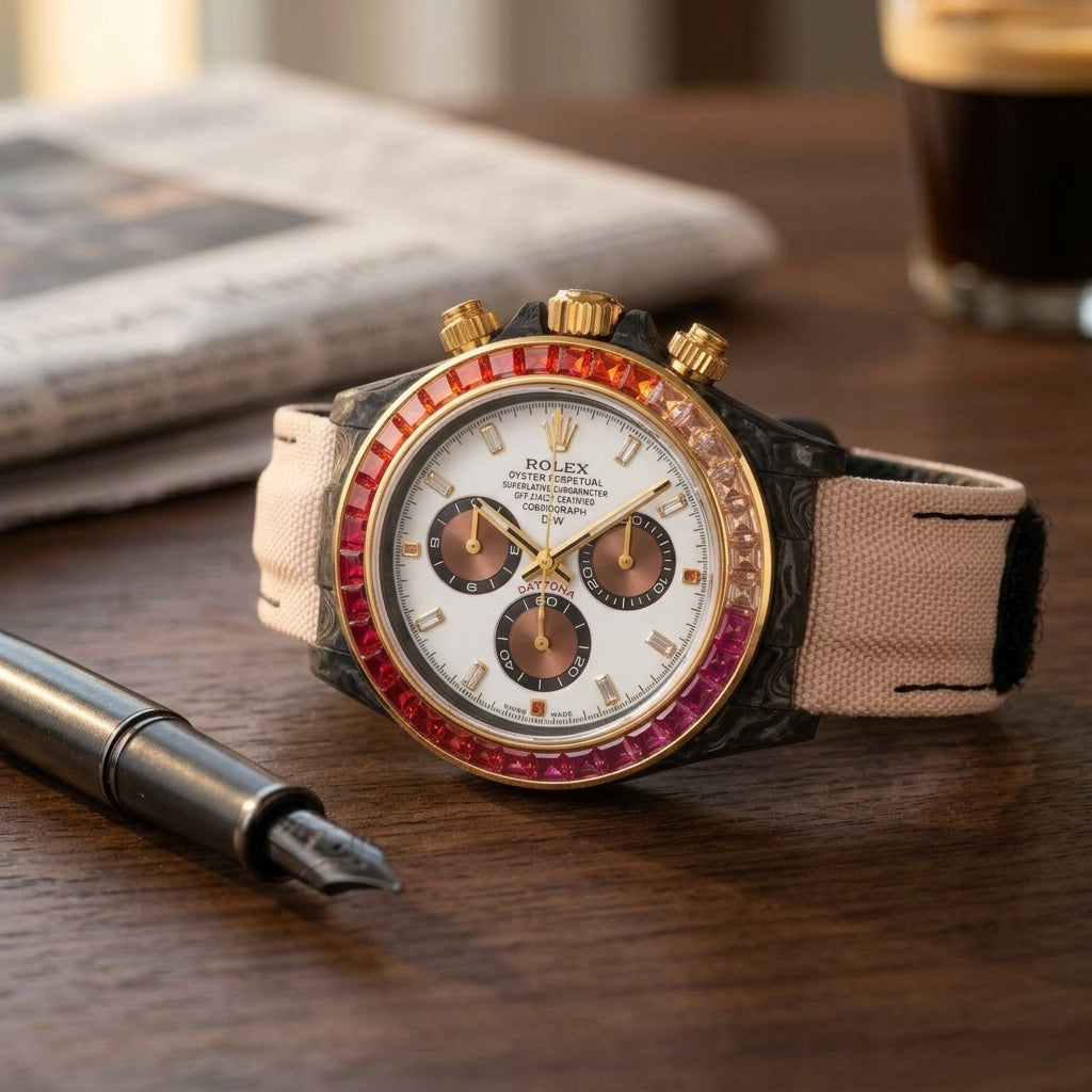 Forged carbon chronograph with a white dial and copper counters on a dark walnut desk beside a fountain pen