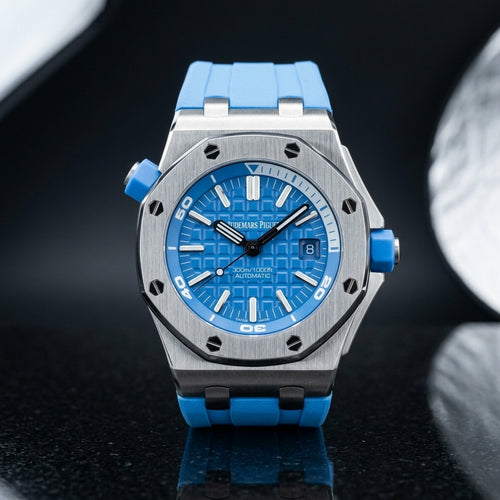 Steel octagonal diver with a blue dial and blue rubber strap on black granite