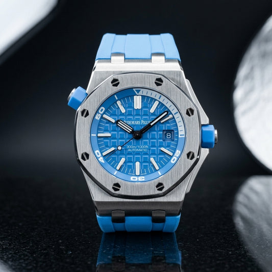 Steel octagonal diver with a blue dial and blue rubber strap on black granite