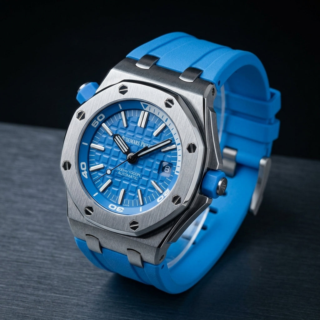Steel and blue Offshore Diver at a three-quarter angle on dark slate