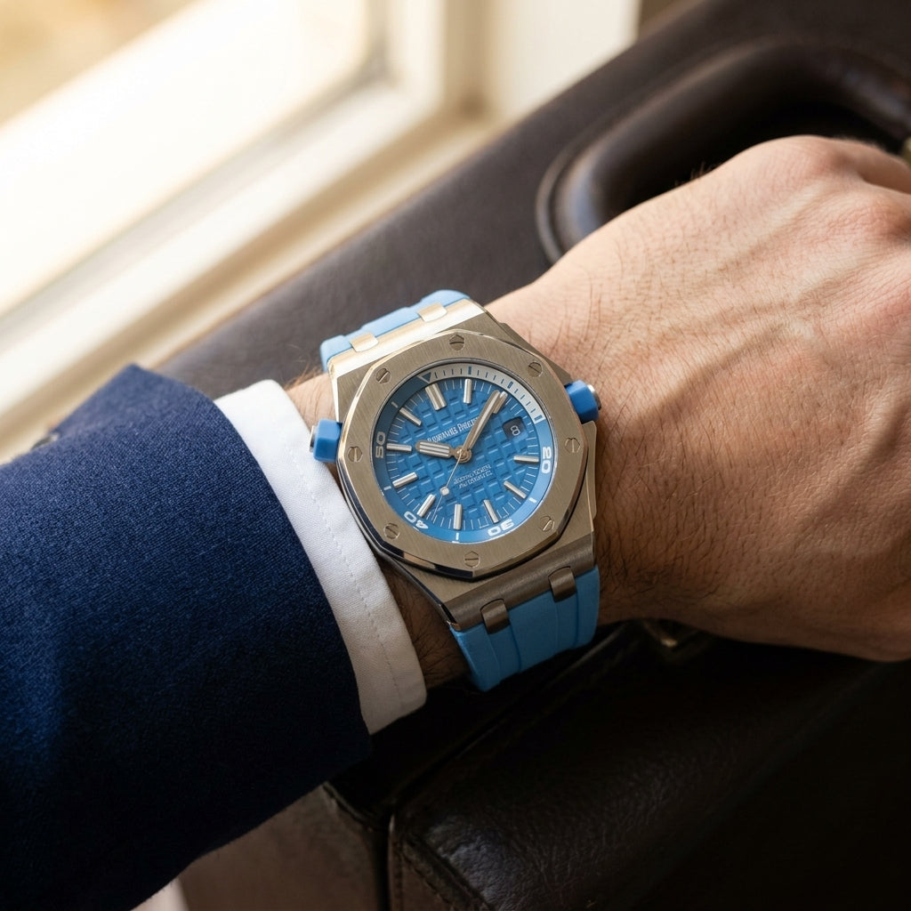 Steel diver on a blue rubber strap worn under a navy suit cuff