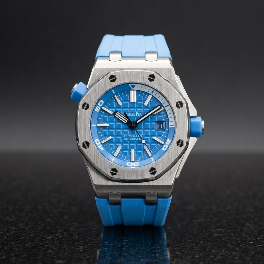 Steel diver on a blue rubber strap worn under a navy suit cuff