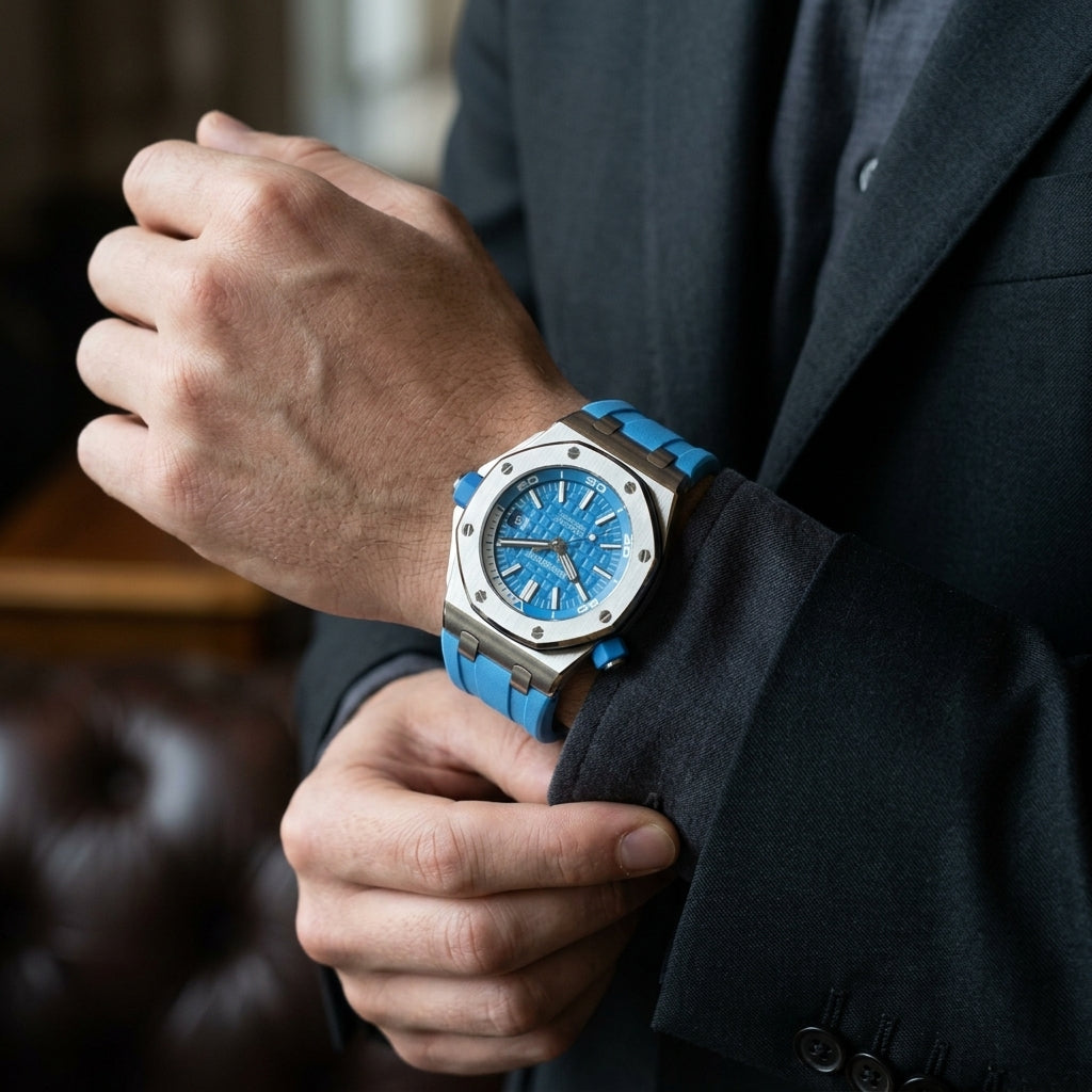 Steel diver on a blue rubber strap on the wrist as a shirt cuff is fastened