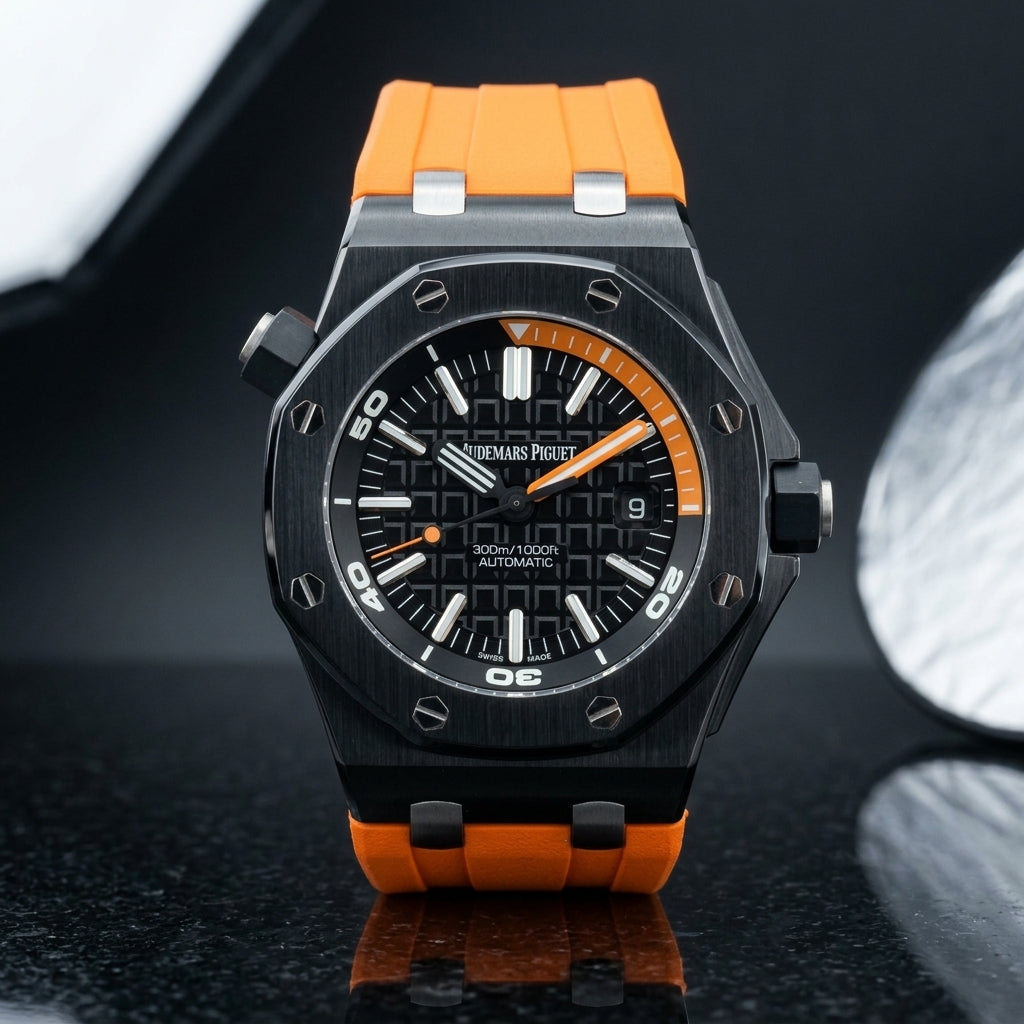 Black ceramic Offshore Diver with an orange inner scale and orange rubber strap on black granite