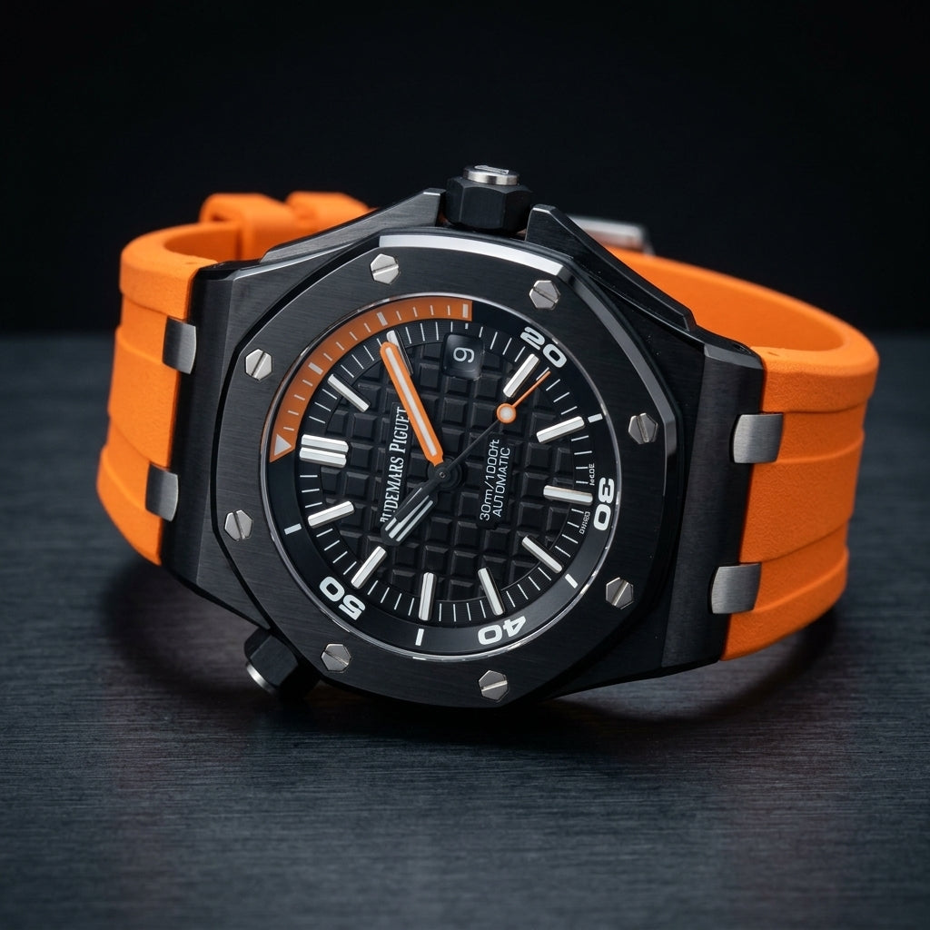 Black ceramic Offshore Diver on an orange strap at a three-quarter angle on dark slate