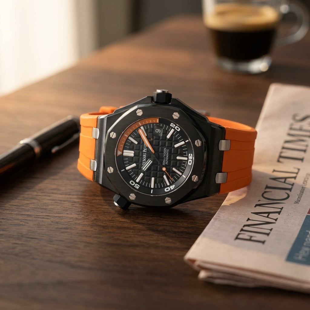 Black ceramic diver with an orange inner dive scale on a dark walnut desk beside a fountain pen