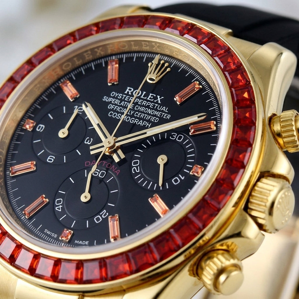 Macro of the black dial with orange baguette-stone markers and three black counters inside the ring of red baguette-cut stones