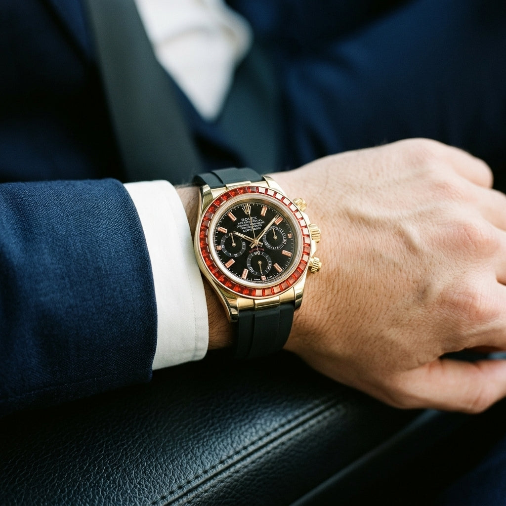 Gold-tone chronograph with a red stone bezel on its black rubber strap, worn on the wrist below a dark suit cuff