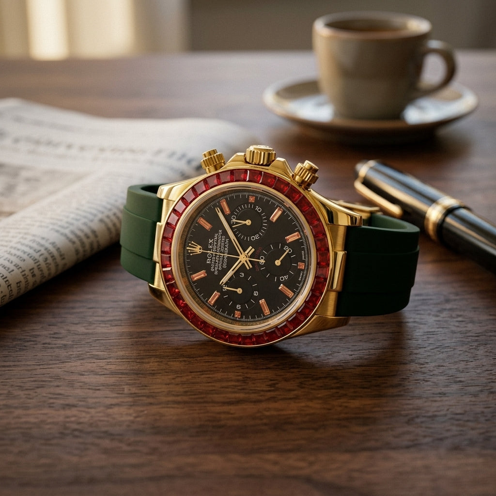 Gold chronograph with a red stone bezel and a dark green rubber strap on a dark walnut desk beside a fountain pen