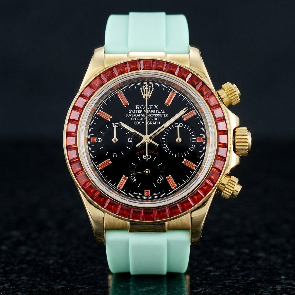 Gold chronograph with a red stone bezel and a black dial on a mint-green rubber strap, upright on polished black granite