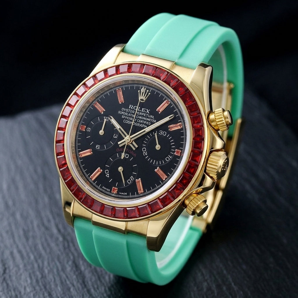 Gold chronograph at a three-quarter angle on dark slate, the fluted crown and pushers beside the ring of red stones and the mint strap