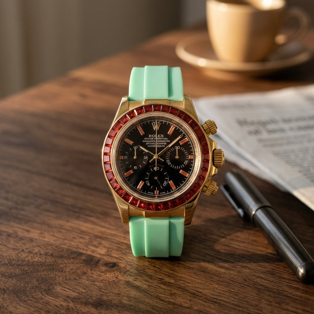Gold chronograph with a red stone bezel and a mint-green rubber strap on a dark walnut desk beside a fountain pen