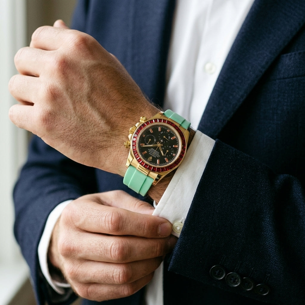 Gold chronograph with a black dial and a mint-green rubber strap on the wrist as a shirt cuff is fastened