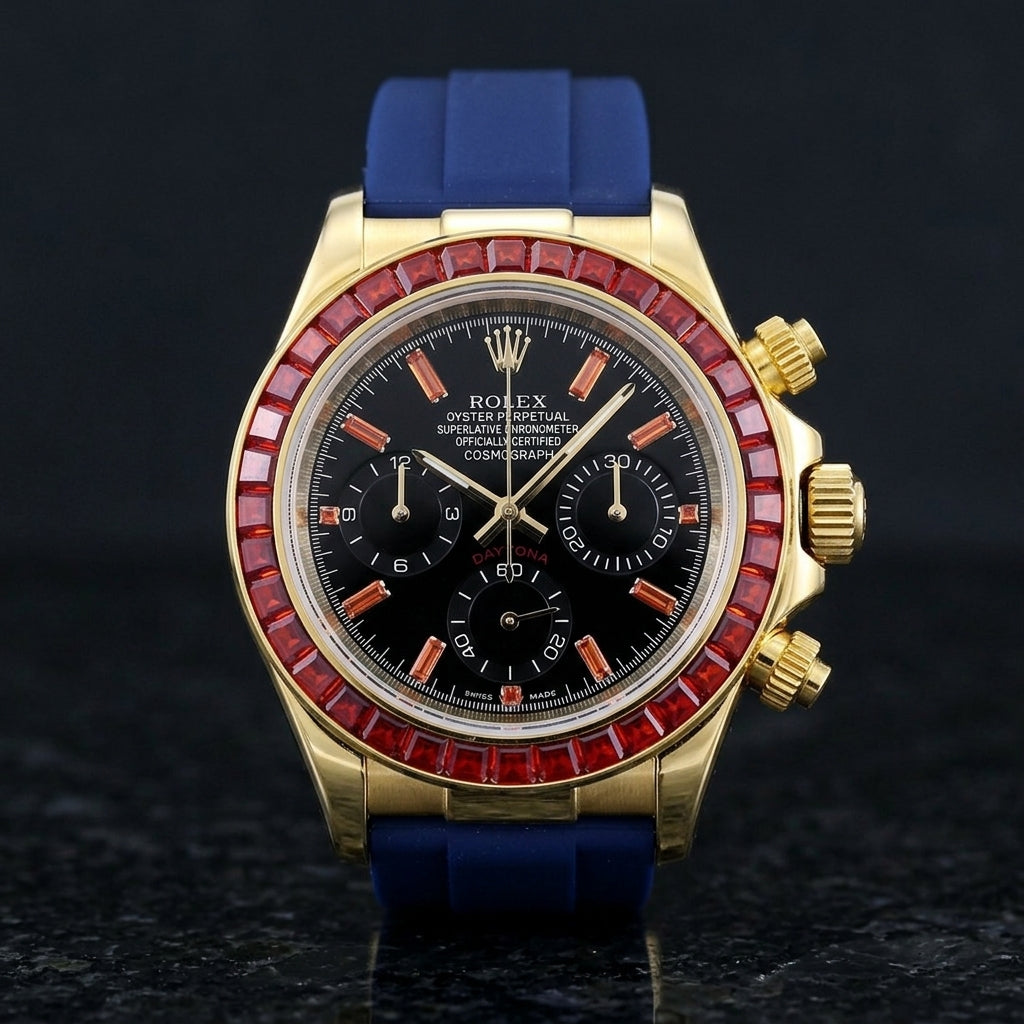 Gold chronograph with a red stone bezel and a black dial on a navy blue rubber strap, upright on polished black granite