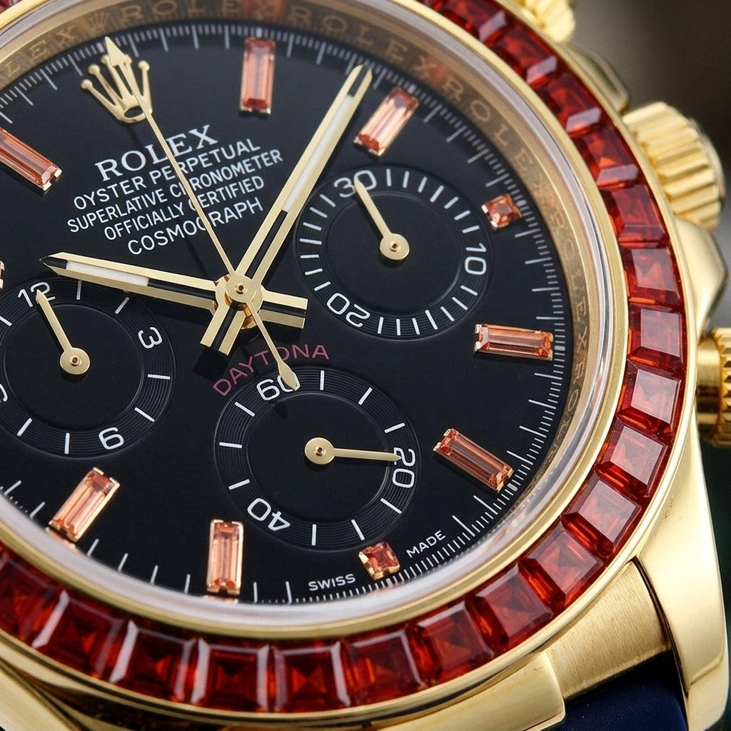 Macro of the black dial with orange stone markers and three black counters inside the red stone bezel