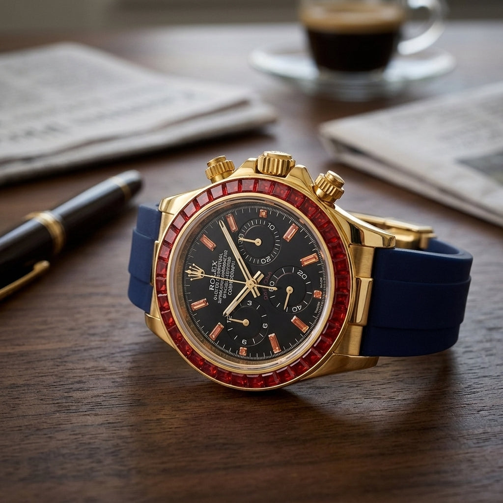 Gold chronograph with a red stone bezel and a navy blue rubber strap on a dark walnut desk beside a fountain pen