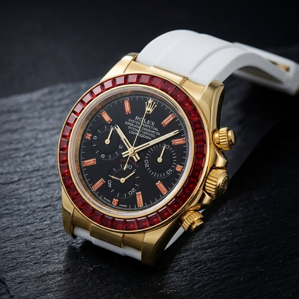 Gold-tone chronograph at a three-quarter angle on dark slate, the fluted crown and pushers between the red stone bezel and the white rubber strap