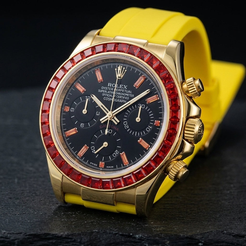 Gold-tone chronograph at a three-quarter angle on dark slate, the fluted crown and pushers beside the red stone bezel and the yellow rubber strap