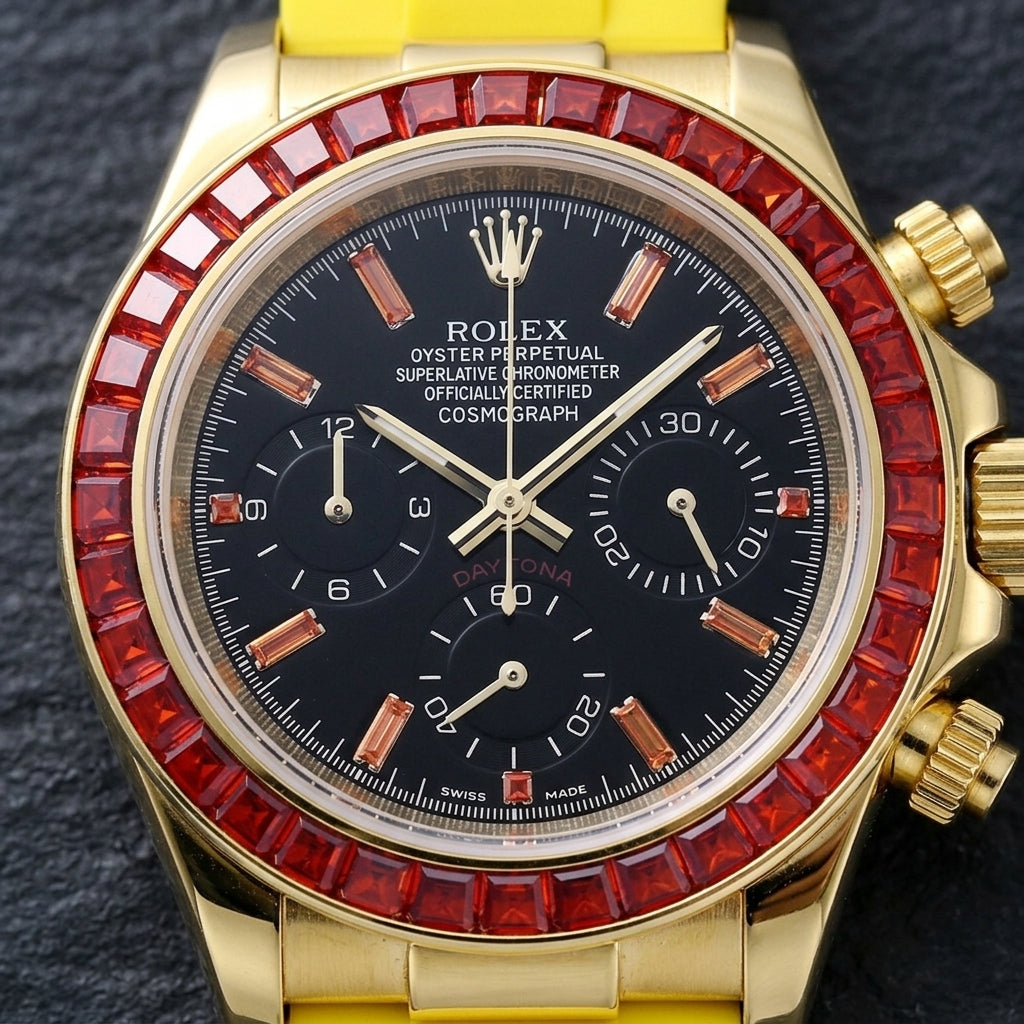 Macro of the black dial with orange baguette markers and three black counters inside the ring of red baguette-cut stones