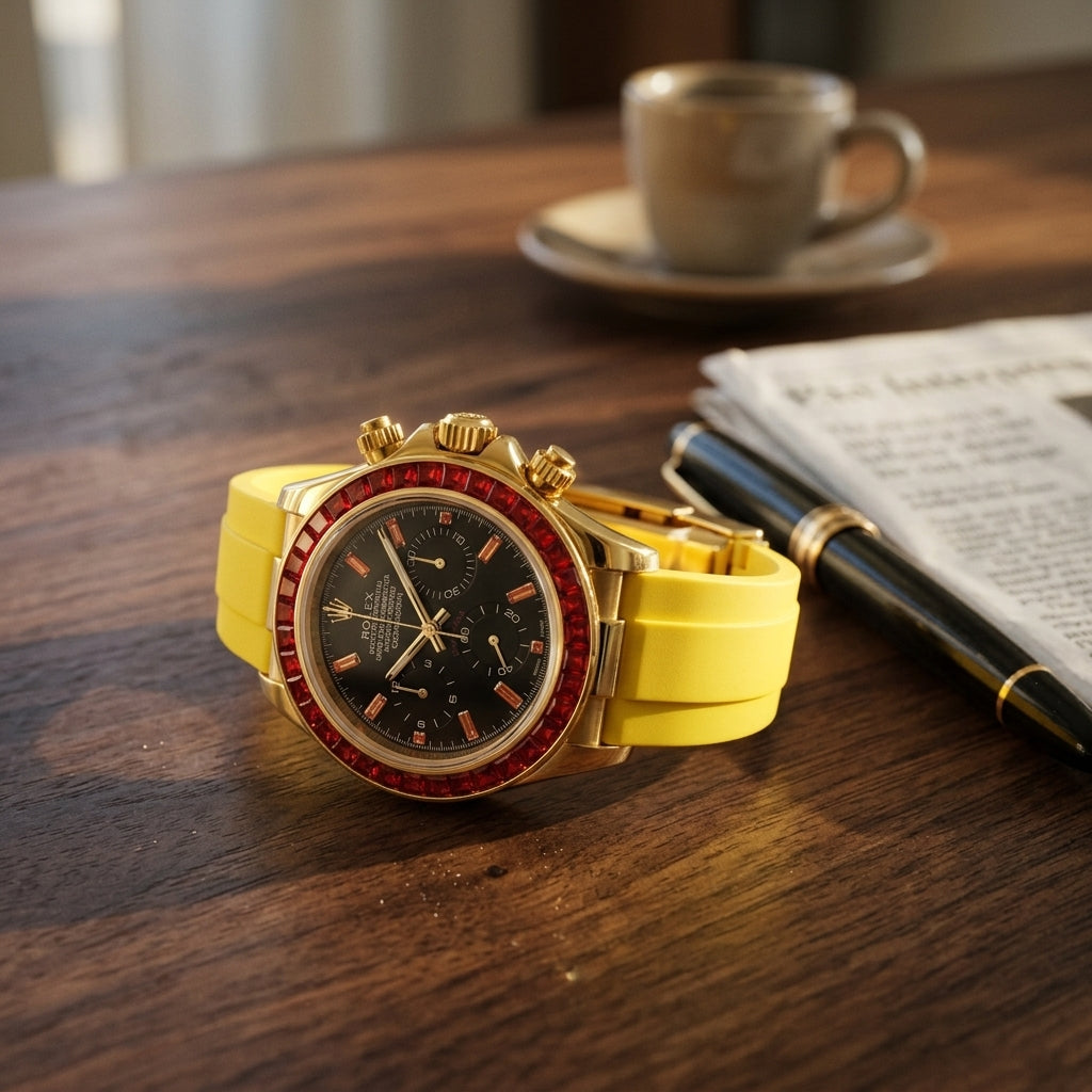 Gold-tone chronograph with a red stone bezel and a yellow rubber strap on a dark walnut desk beside a fountain pen