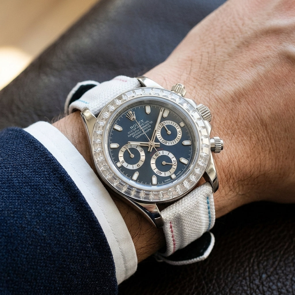 Steel chronograph with a blue dial on its white canvas strap with sky-blue and pink stitching, worn on the wrist below a dark suit cuff