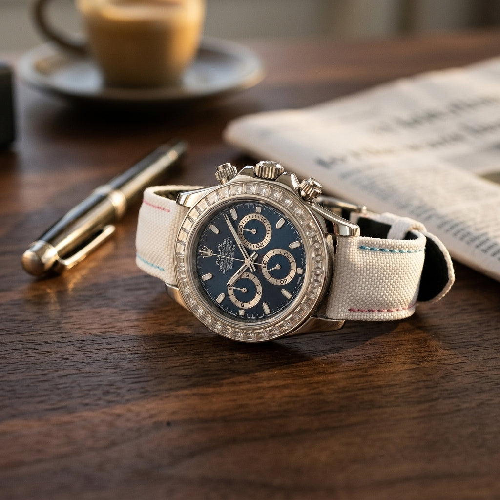 Steel chronograph with a blue dial and a clear stone bezel on a dark walnut desk beside a fountain pen