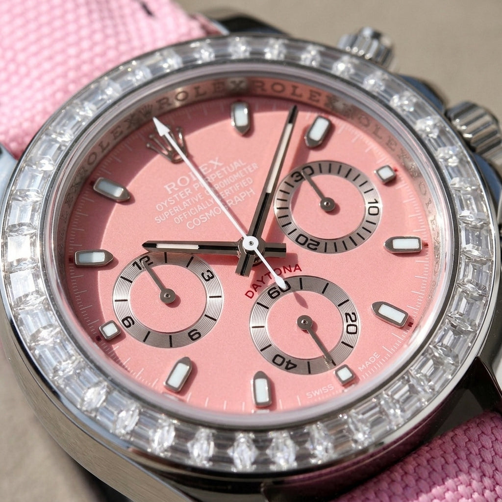 Macro of the pink dial with white print, steel baton markers and three silver-ringed counters inside the clear baguette bezel