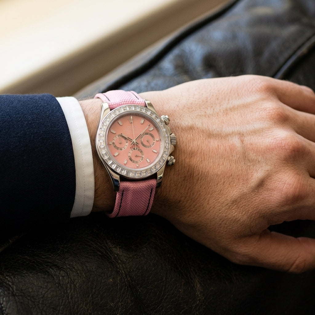 Steel chronograph with a pink dial on its pink canvas strap, worn on the wrist below a dark suit cuff