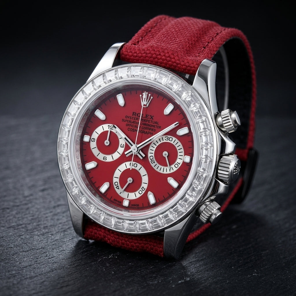 Steel chronograph at a three-quarter angle on dark slate, the clear stone bezel catching the light beside the steel crown and pushers