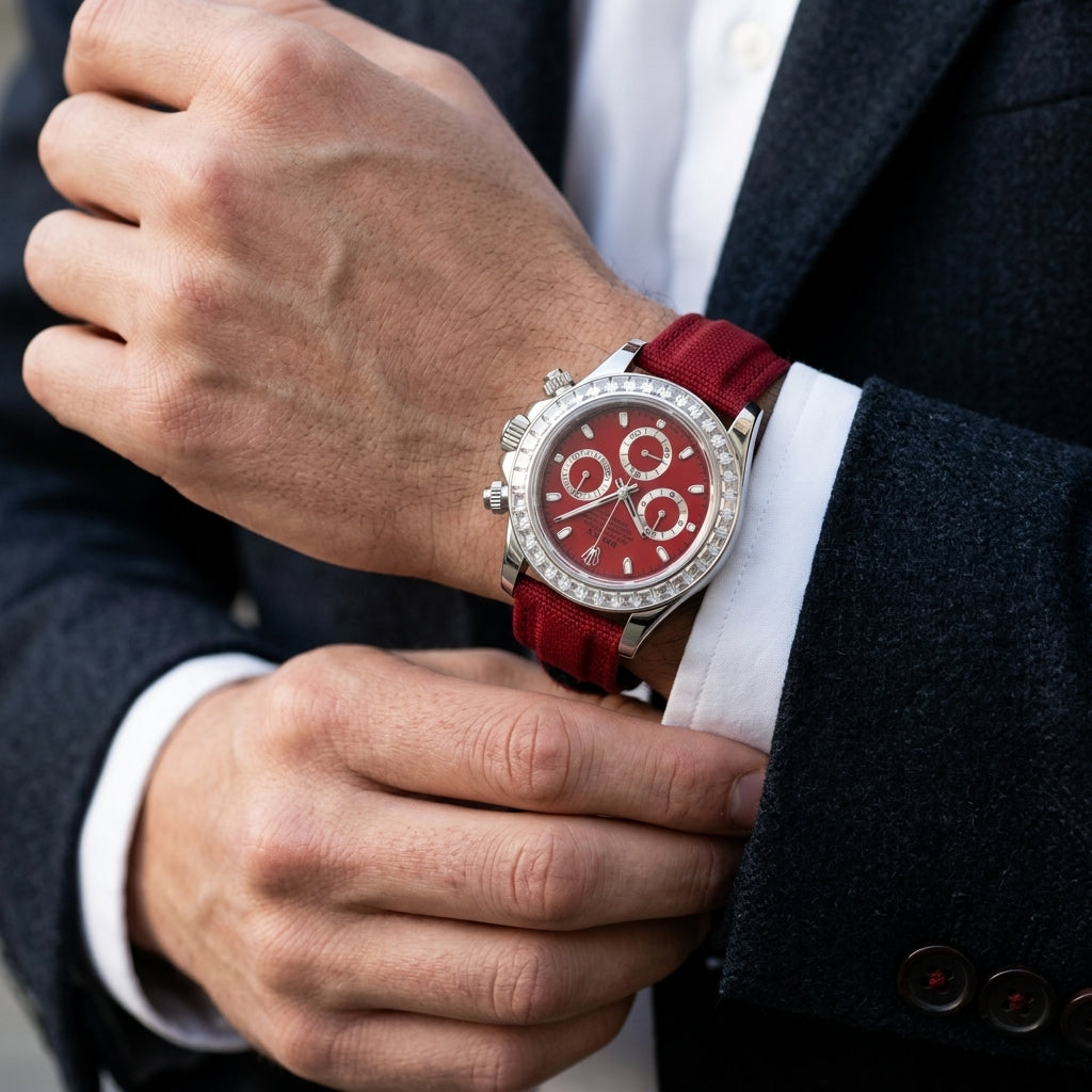 Steel chronograph with a red dial and a red canvas strap on the wrist below a white shirt cuff and a dark suit sleeve