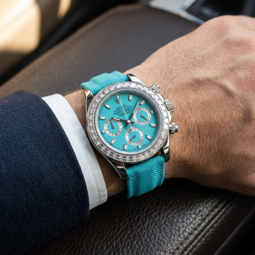 Steel chronograph with a turquoise dial on its turquoise canvas strap, worn on the wrist below a dark suit cuff