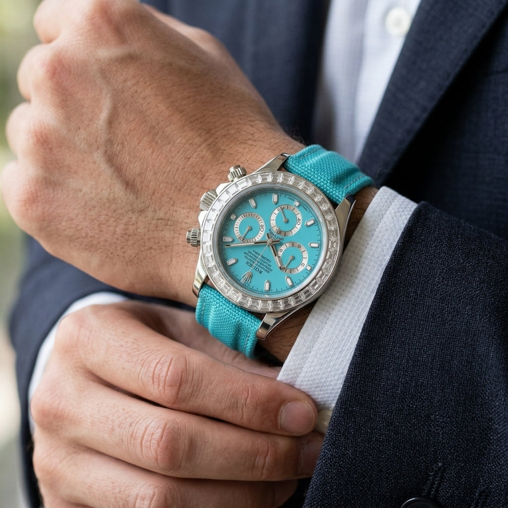 Steel chronograph with a turquoise dial on its turquoise canvas strap, on the wrist below a dark suit sleeve as the white shirt cuff is fastened