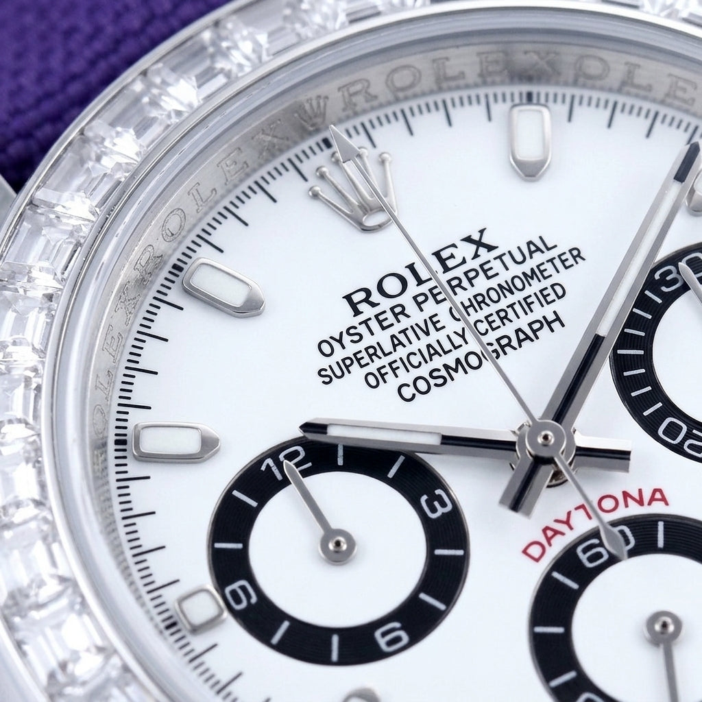 Macro of the white dial with steel baton markers and three black-ringed counters inside the ring of clear baguette-cut stones