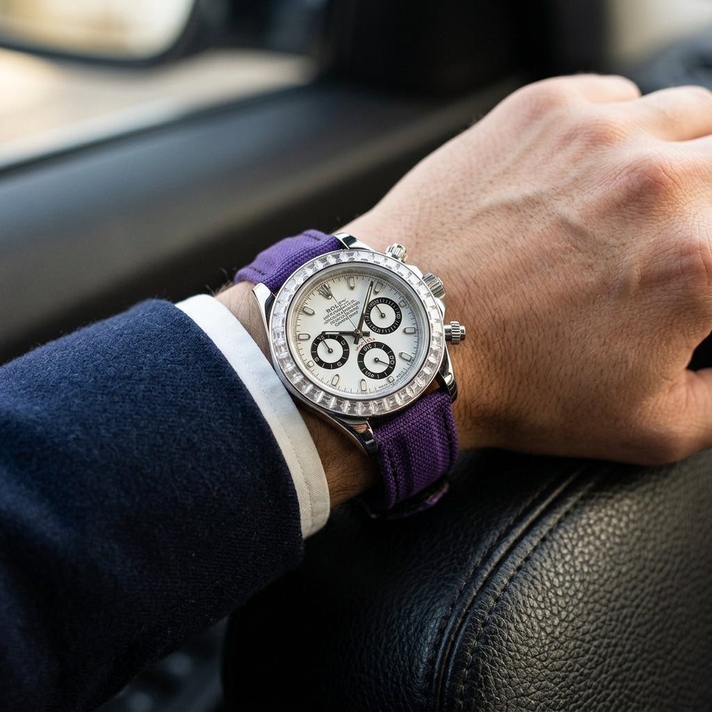 Steel chronograph with a white dial on its purple canvas strap, worn on the wrist below a dark suit cuff