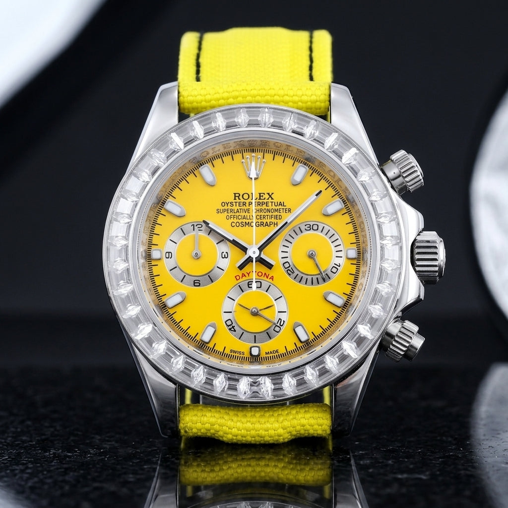 Steel chronograph with a sunflower-yellow dial and a bezel of clear baguette-cut stones, upright on polished black granite