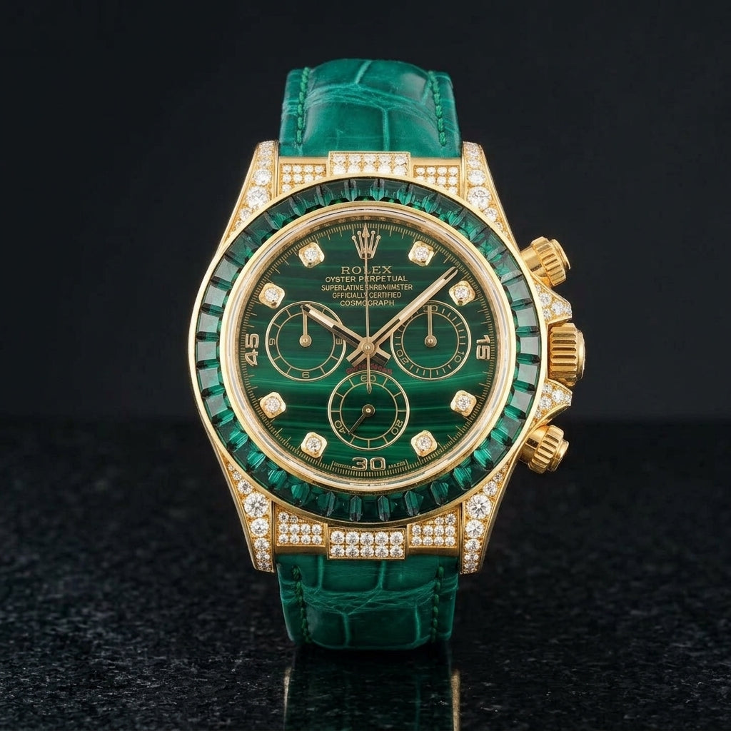 Gold chronograph with a green stone dial and emerald bezel on black granite