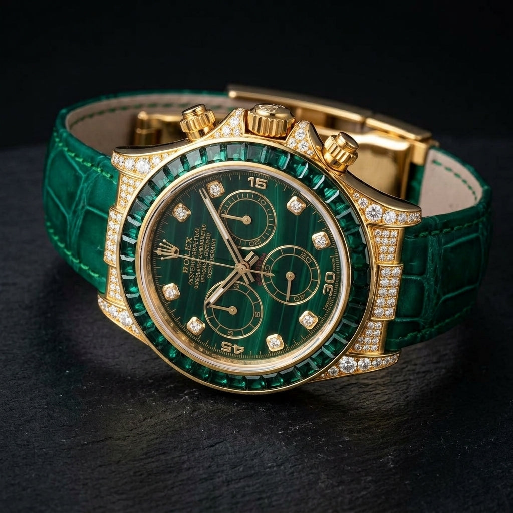 Gold chronograph at a three-quarter angle on dark slate