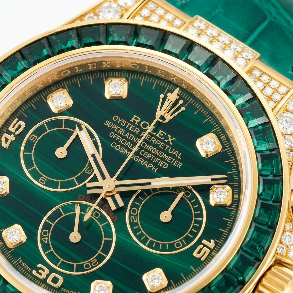 Macro of the green stone dial, three counters and the emerald baguette bezel