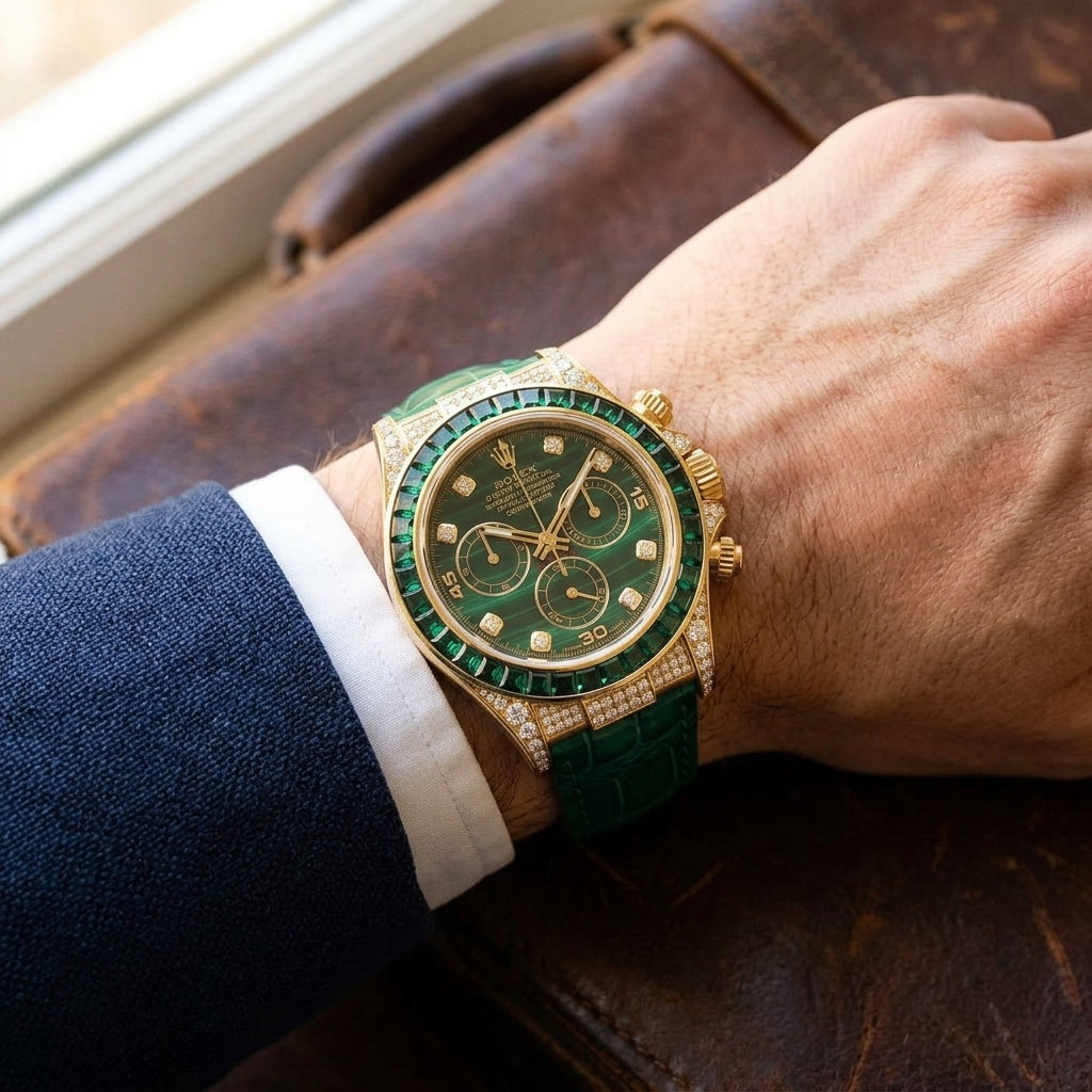 Gold chronograph with a green dial worn under a navy suit cuff