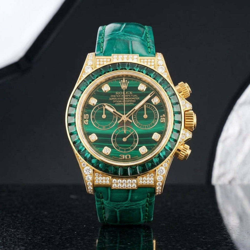 Gold chronograph and bracelet upright on polished black granite