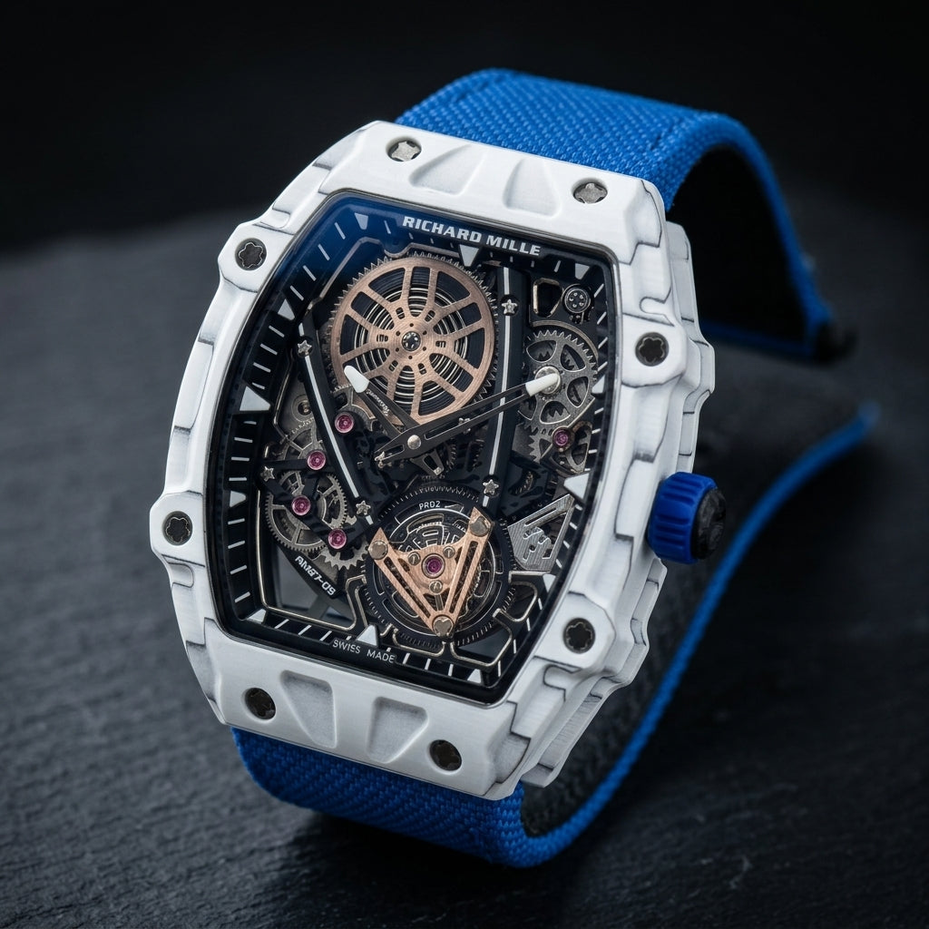 White tonneau skeleton watch at a three-quarter angle on dark slate, its ribbed blue crown beside the curved case