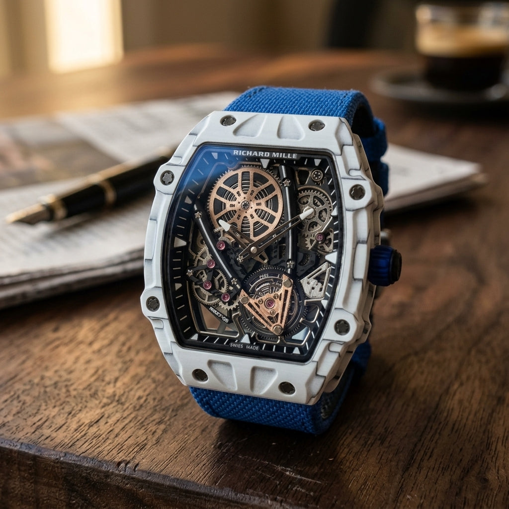 White tonneau tourbillon watch on a blue woven strap on a dark walnut desk beside a fountain pen