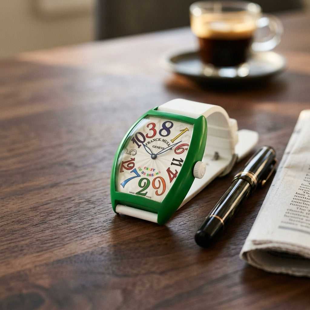 Green curved tonneau watch with rainbow numerals on a silver-white dial on a dark walnut desk beside a fountain pen